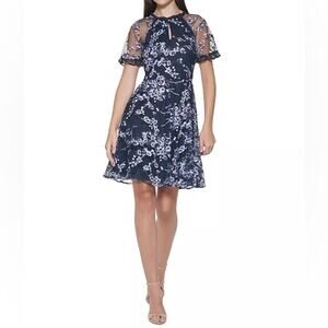 Kensie High-Neck Embroidery Dress Navy Floral Women’s Sz 10